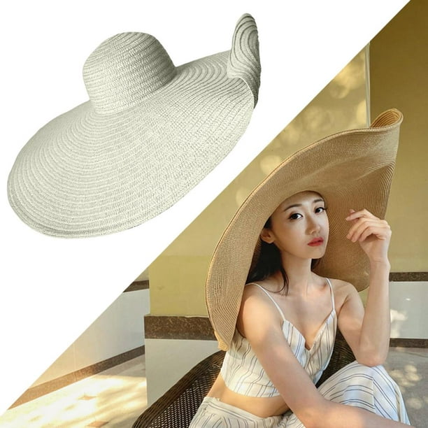 Xuanheng Women Beach Hat Summer Floppy Foldable Wide Brim Roll Beach Straw Hat White