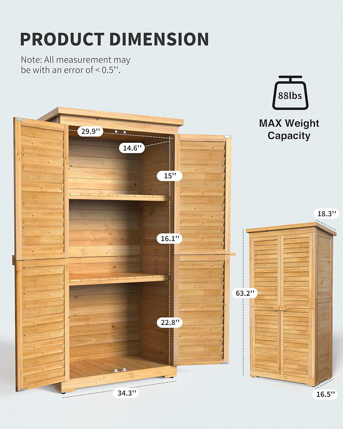 63.2" Outdoor Storage Cabinet, Lofka  Lockable Doors Garden shed with Adjustable Shelves| Asphalt Roof| Ventilate Shutter, Wood Shed with Large Storage Space, Waterproof Roof for Garden, Natural