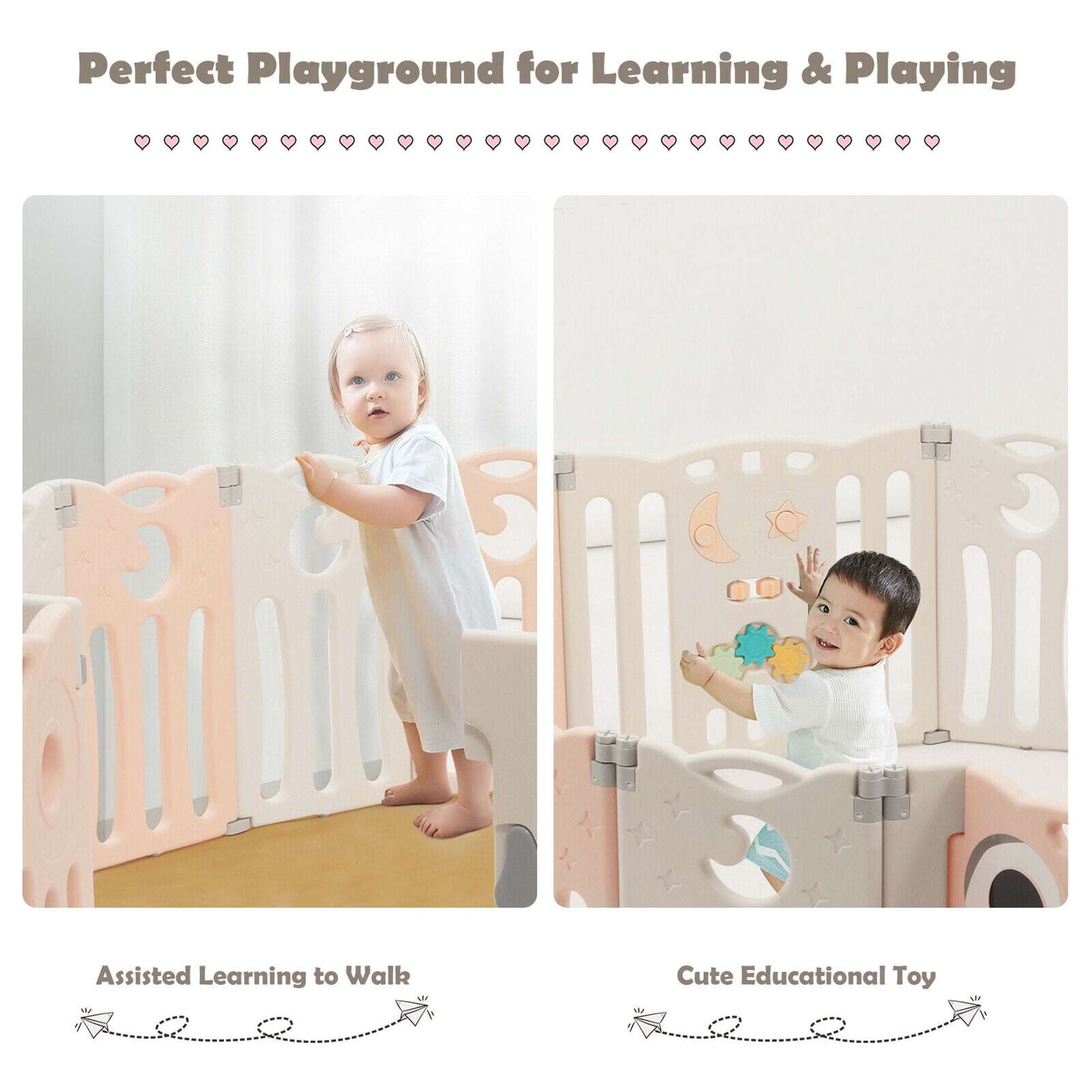 Gymax 14-Panel Baby Playpen Foldable Play Yard Kids Activity Center with Lock Door, Pink