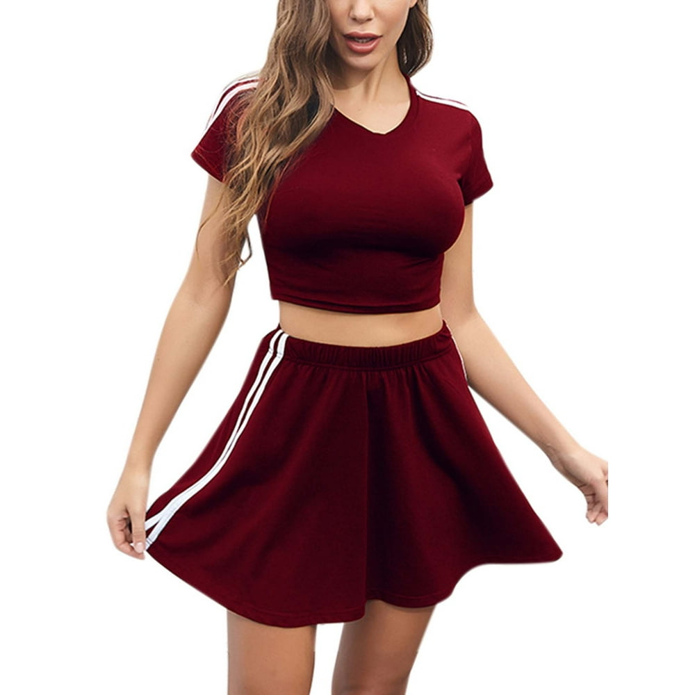 Wodstyle Women's 2Pcs Short Sleeve Crop Tops + Mini Skater Skirt Outfits Striped Sets