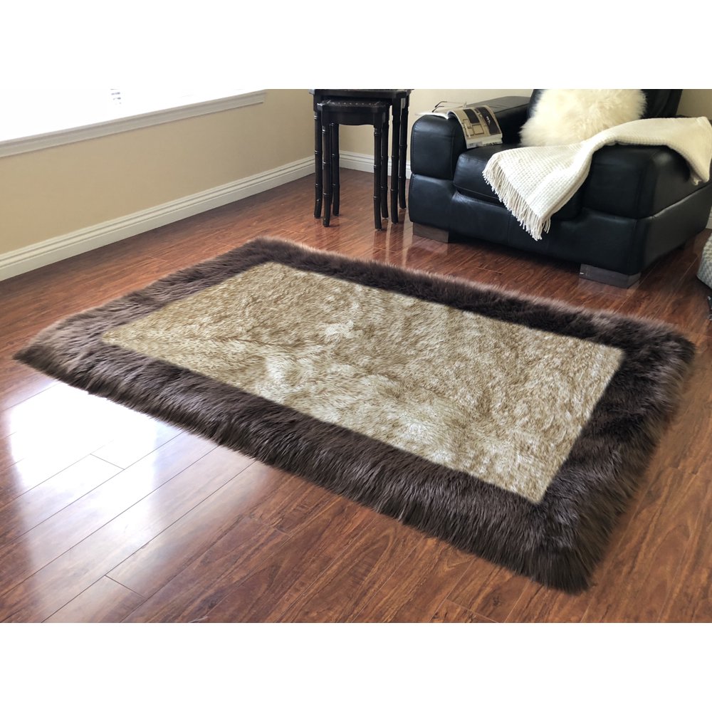 Lambzy Faux Sheepskin Brown Border Area Rug, Brown Tips 5'x8' Walmart