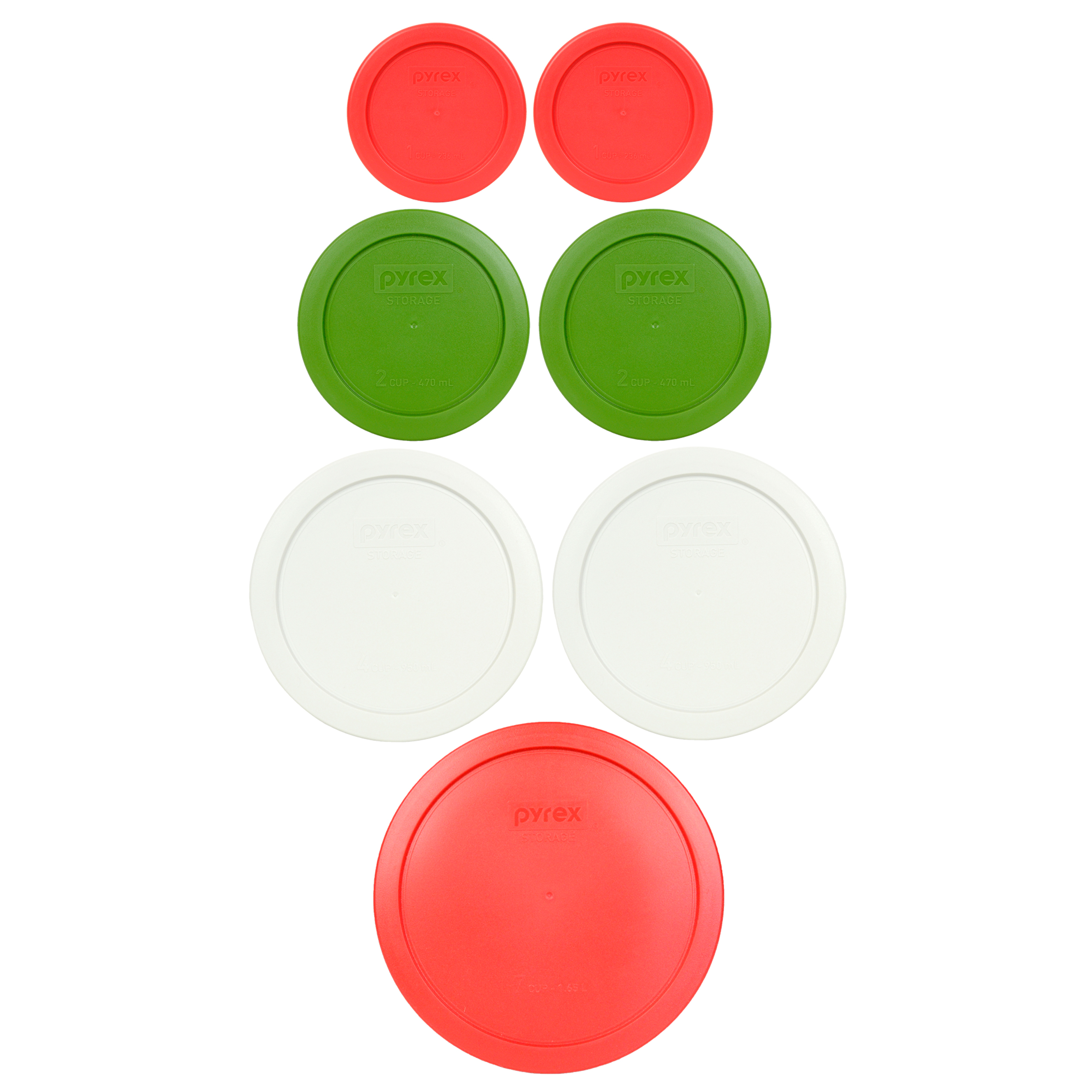 Pyrex Replacement Lids (2) 7202PC Red 1 Cup & (2) 7200PC Lawn Green 2