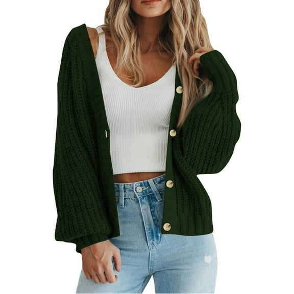 purcolt Women's Chunky Knit Sweater Open Front Cropped Cardigan Sweaters Puff Long Sleeve Button Loose Cardigan Outerwear Coats