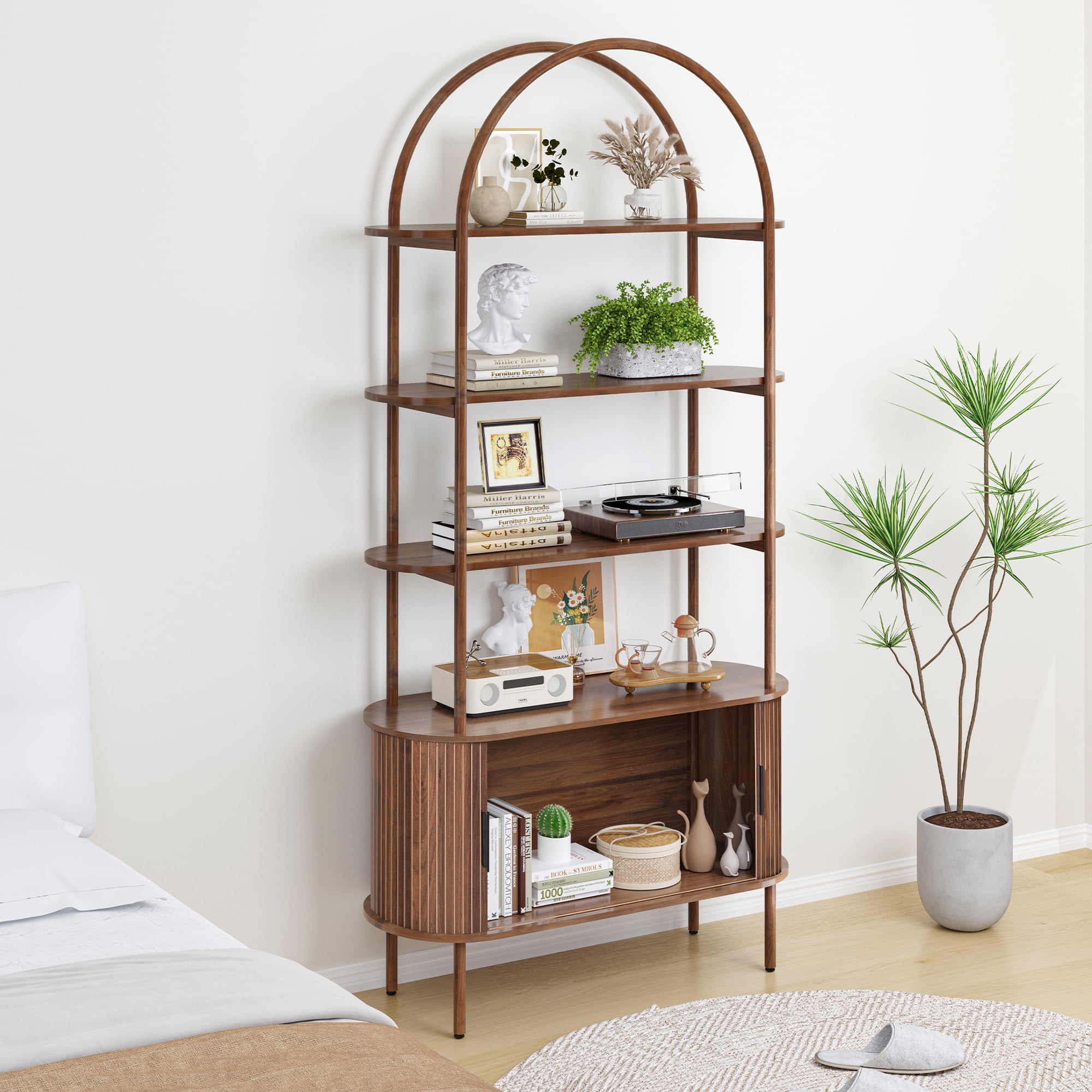 LEFHDA 79" Industrial Modern Arched Bookshelf with 4-Tier Open Shelf & Sliding Tambour Cabinet Storage, Mid-Century Curved Freestanding Bookcase for Living Room, Home Office (Walnut, 79 inch)