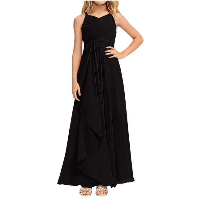 Ashirexll Robe Formelle pour Filles Polyester Spandex Chiffon Couleur Unie Sans Manches à Bretelles Spaghetti Noir 3-4 Ans
