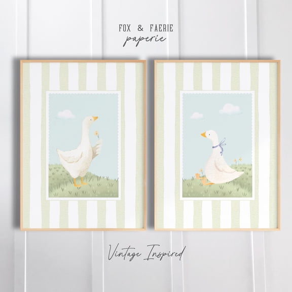 Cute Goose Nursery Print Set of Two, Whimsical Silly Goose Art, Green Vintage Farmhouse Nursery Decor Prints for Boys Physical Items, Poster Only