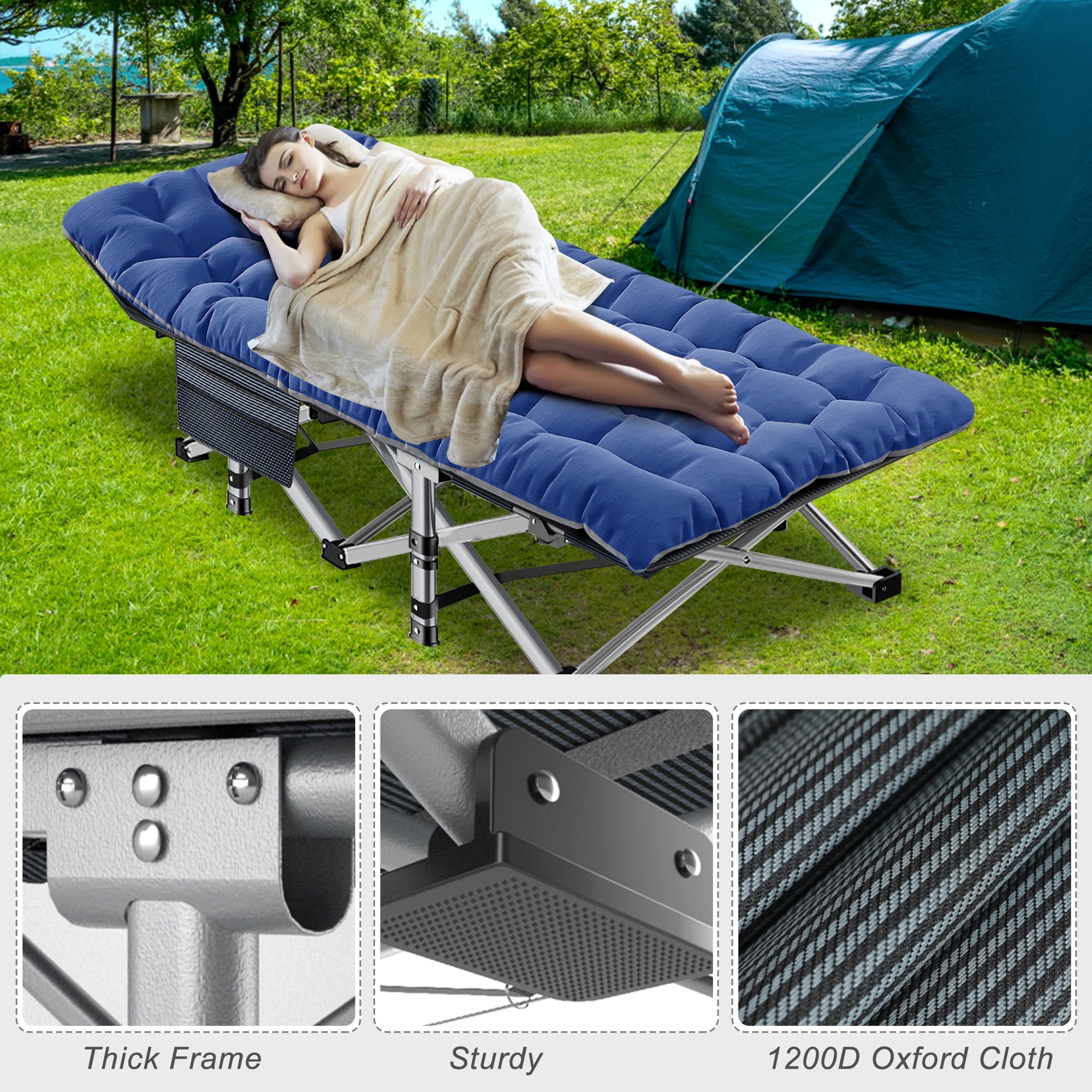 Lit De Camping Pliant Pour Adulte – Oxford Gris, Acier – Compact Avec Poche Latérale