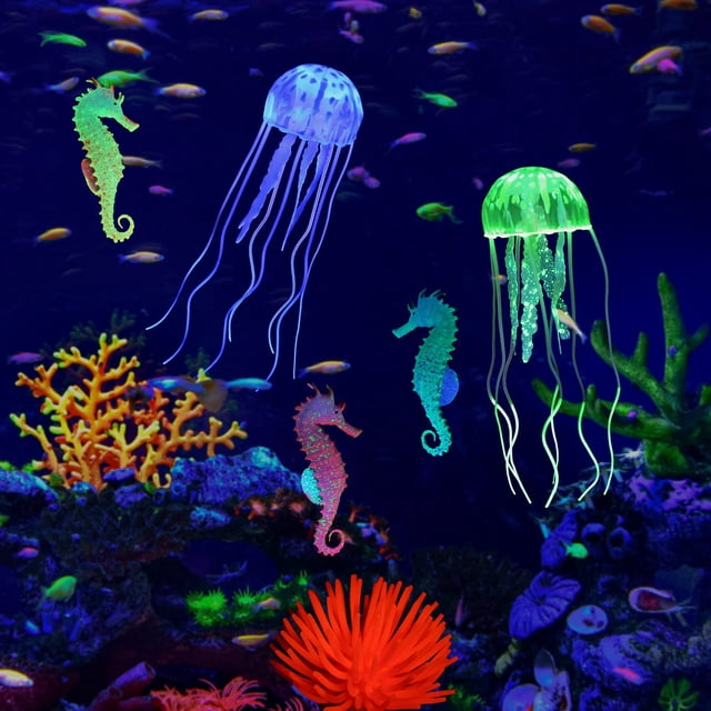 Lpraer 6 Piezas Adornos de Acuario Resplandor Resplandor Artificial Medusas Flotantes Anémonas de Caballito de Mar Simulación de Silicona Decoraciones de Tanque de Peces para Tanque de Peces