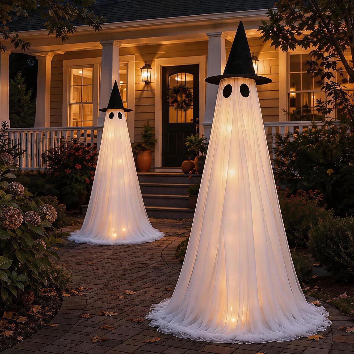 Lighted Halloween Ghost Decorations, 2 Pack, 5 ft Tall, 8 Lighting Modes with Timer, Battery or USB Powered, Porch and Lawn Outdoor Holiday Decor