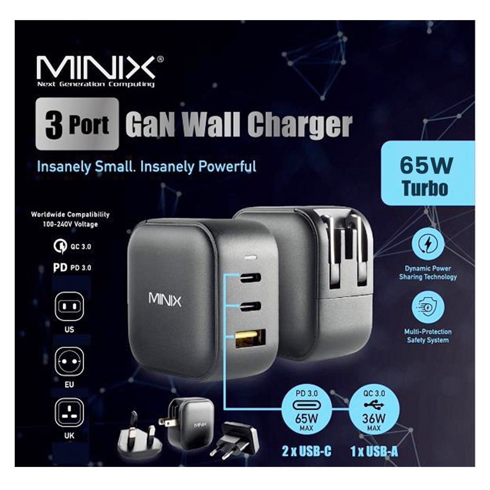65W 3-Port GaN Wall Charger with Multi-Protection Safety System – Power-Sharing & Universal Compatibility MINIX P1