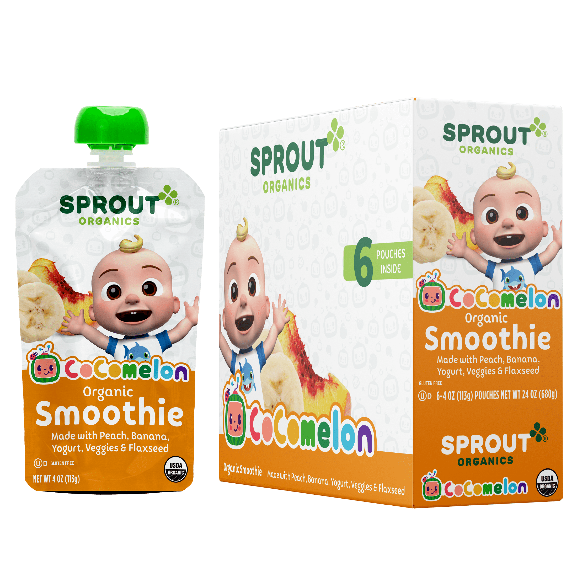 CoComelon Sprout Organic Toddler Smoothie Pouches Peach Banana (DAIRY), 4 oz Pouch, 6 Pack