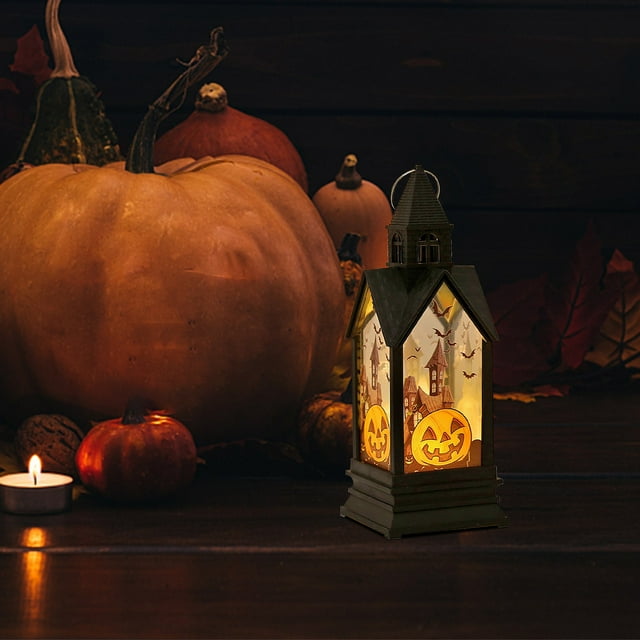Xihbxyly Velas Led de Halloween, Diseño de Farol Retro, Patrón de Calavera de Bruja y Calabaza, Efecto de Llama Espeluznante, Decoración Colgante para Porche, Decoración para Fiestas y Bares, Funcion