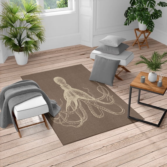 Octopus Turkish Area Rug, Monochrome Marine Animal Tentacles in Sketch Subaquatic Life Art, Soft Carpet for Living Room Decor with Distressed Look, 5.2' X 7.6', Sepia Beige, by Ambesonne