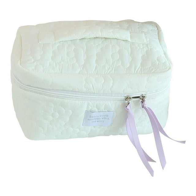 Quilted Flower Cosmetic Bag Cute Storage Bag Large Capacity Soft for Work (Blue)