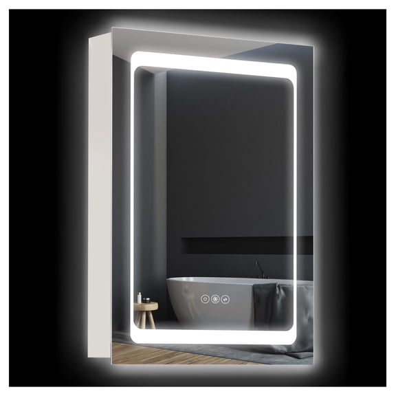LED Medicine Cabinet Dimmable Mirror Wall Mounted, Bathroom Storage 3-Tier Shelves Single Door - Silver