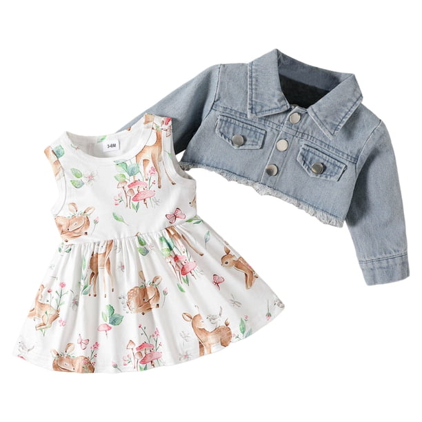 Gibobby Conjunto de dos piezas niña Chaqueta vaquera de manga larga para niñas pequeñas, vestido con volantes y estampado de cervatillo de dibujos animados(Azul, 9-12 Meses)