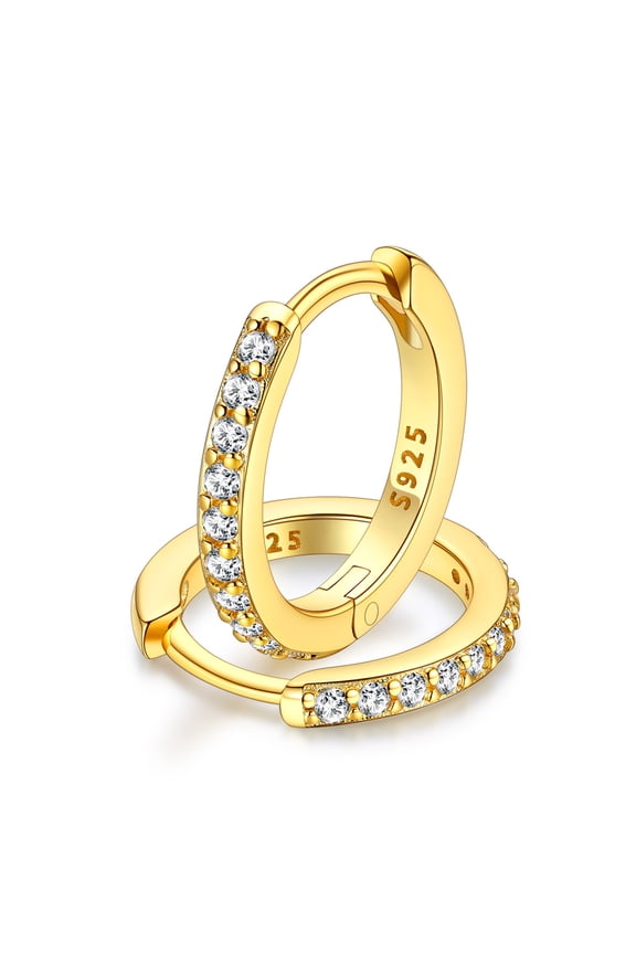 Sterling Silver Huggie Hoop Earrings for Women, Tiny Shiny Gold Plated Cubic Zirconia CZ Earrings Lightweight Silver Earrings for Her Sensitive Ears Christmas Jewelry Gift 10mm