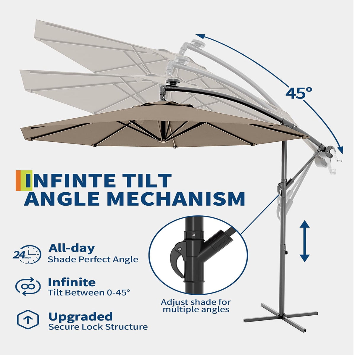 Danolapsi 10FT Offset Patio Umbrella, Hanging Cantilever Umbrella with 360 Rotating Base Outdoor Sun Shade with Easy Tilt Adjustment, 8 Ribs, UV Protection for Backyard, Lawn, Garden and Pool