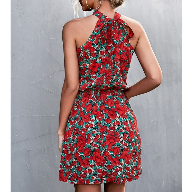 Vestido Con Cuello Halter Y Lazo En La Espalda Vestido Con Estampado Floral En La Cintura Elástica Vestido Con Cuello Halter En Estampado Floral Vestido Corto Con Cuello Halter En ANGGREK L rojo