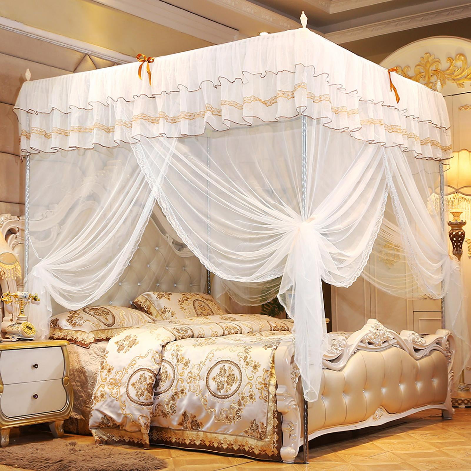 Fyydes 4 Corners Post Three Side Openings Bed Canopy Curtains Drape Canopy Bed Netting 59.1x78.7x78.7 in for Adulit and Children