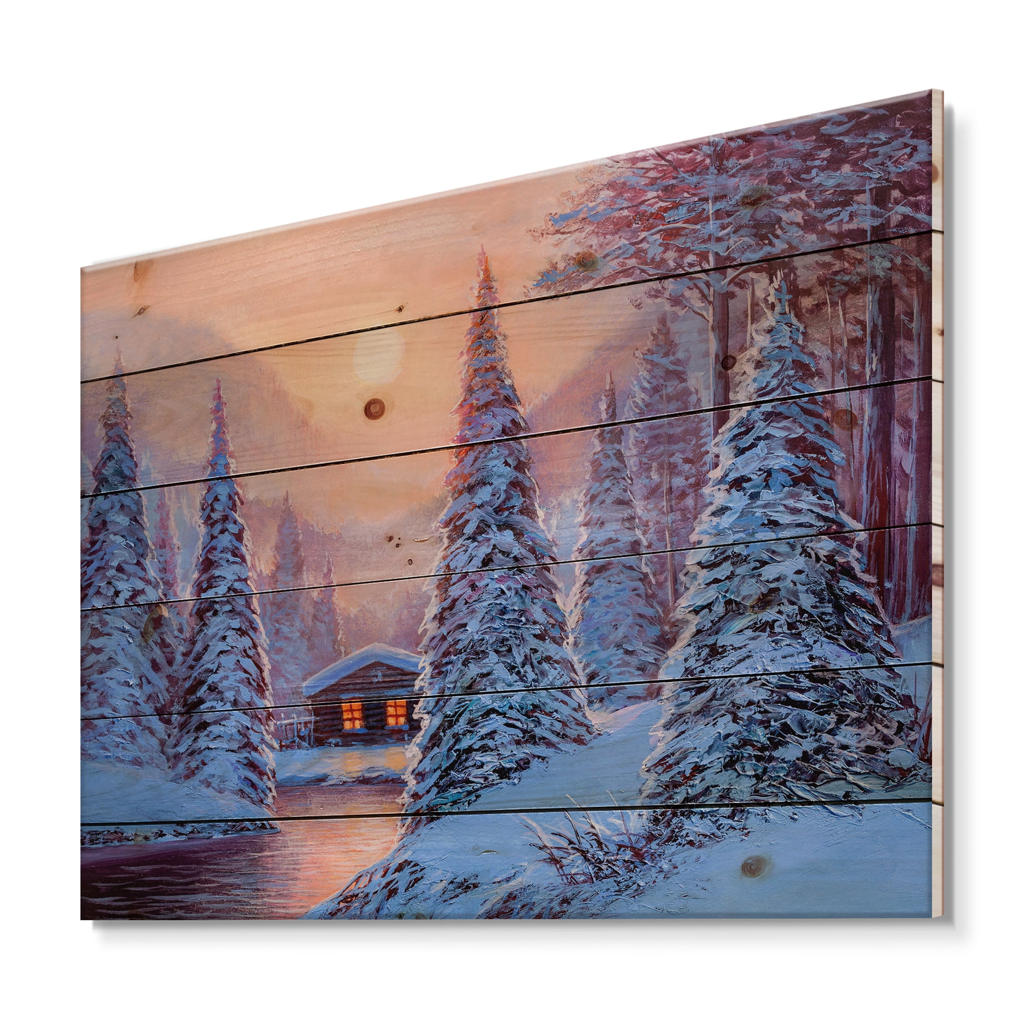 Designart 'The River House In The Woods and Winter Landscape I' Lake House Print on Natural Pine Wood