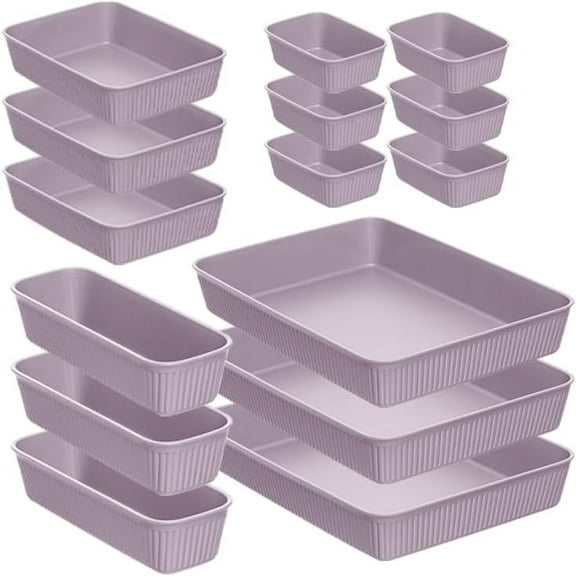 Superio Decorative Plastic Desk Drawer Organizer Tray, Lilac Purple (Set of 15) Open Home Storage Bins Organizer Baskets, for Organizing Closet Shelves Drawer Shelf - Ribbed Collection