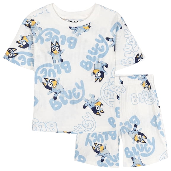 Bluey Waffle Knit Drop Shoulder T-Shirt and Shorts Outfit Set Infant to Little Kid
