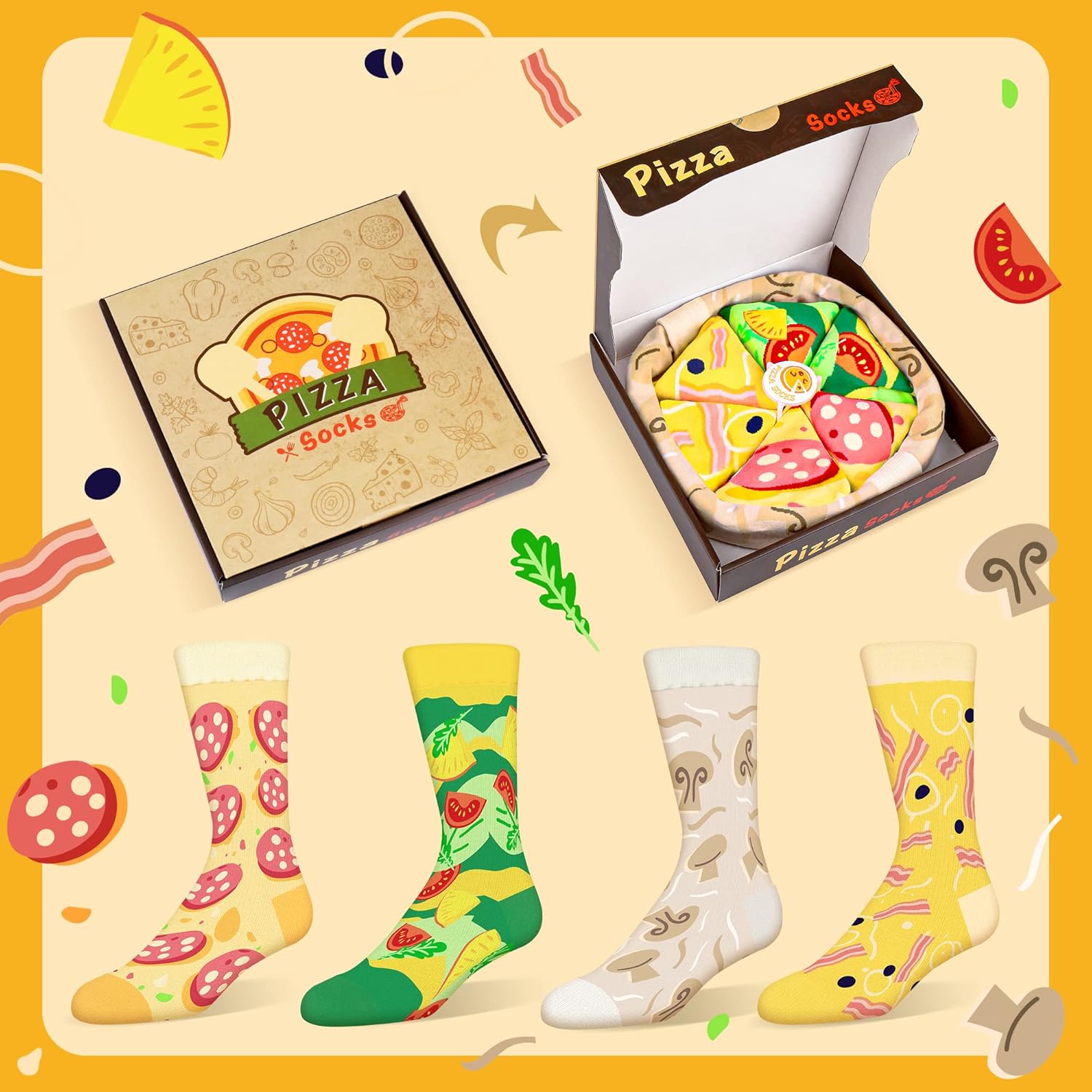 Funny Pizza Socks Box for Men Dad Women Teen Boys - Pizza Lovers Gifts Novelty Food Silly Socks-Easter Fathers Valentines Birthday Gifts Ideas Christmas Stocking Stuffers(Black,4 Pairs）