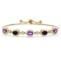 18K Yellow Gold Plated Silver Amethyst and Black Sapphire and Moissanite Tennis Bracelet for Women | 4.45 Cttw | February Birthstone | Oval Checkerboard 7X5MM | Fully Adjustable 10 inch