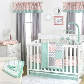 Pretty Patch Medallion Coral Mint Baby Girl Crib Bedding 11 Piece Sleep Essentials Set