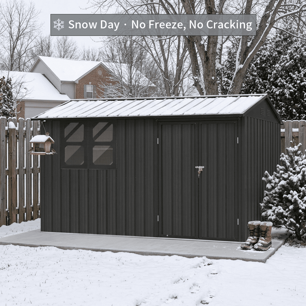 Mintazer 12×10 Ft All-Weather Metal Outdoor Storage Shed with Goods Shelves, Large Garden Tool Storage Building with Window for Backyard Lawn Patio, Black