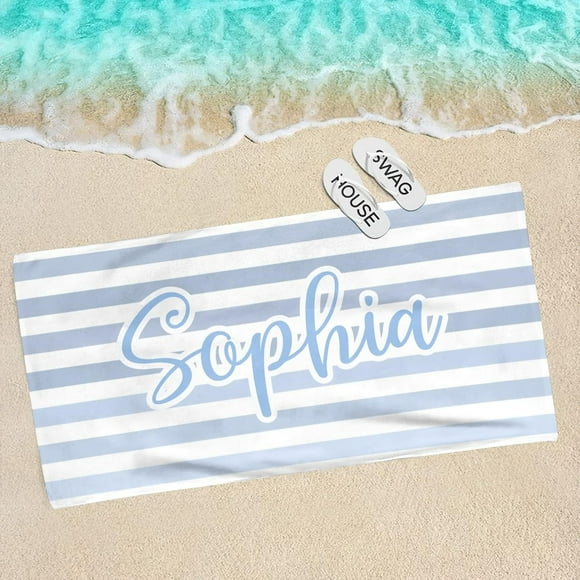 Personalized Stripe Beach Towel Custom with Name Double-Sided Printing Soft Absorbent Customized Bath Towel for Kids Adults Couples Friends Gift (Light Blue)