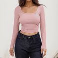 thumbnail image 2 of Women Long Sleeve Scoop Neck Shirts Casual Slim Fit Rib Knit Tops Summer Fall Basic Business Work Tee, 2 of 4
