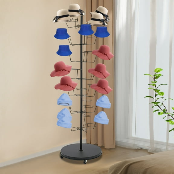 7-Tier Heavy Duty Hat Rack with 35 Positions, Silent Wheels, Durable Steel & Iron Construction, Modern Black Design for Home & Retail Use