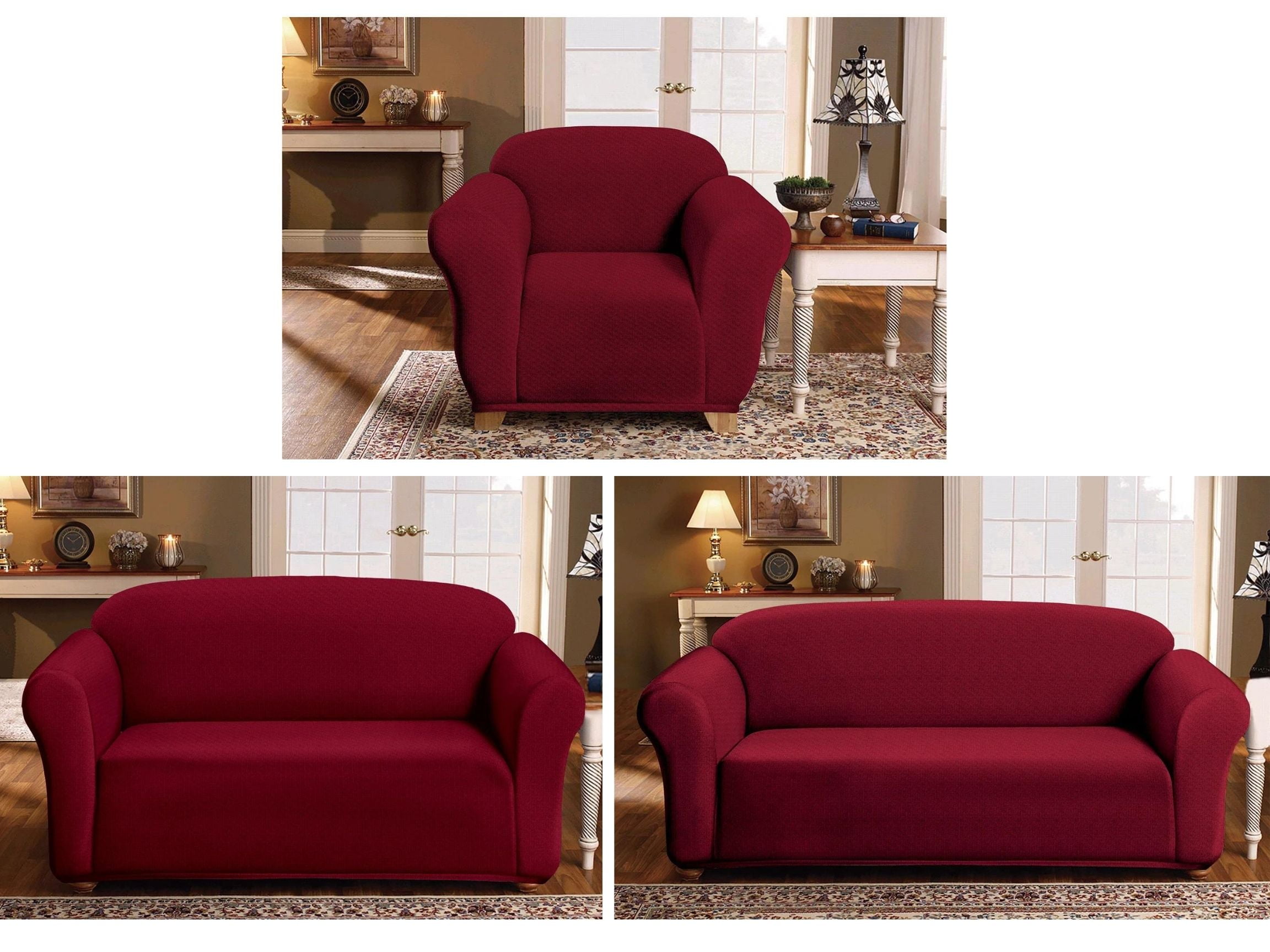 Milan Furniture Slipcover Fitted Protector Couch Cover Jacquard Soft Stretch Non Slip Fabric, Loveseat, Burgundy