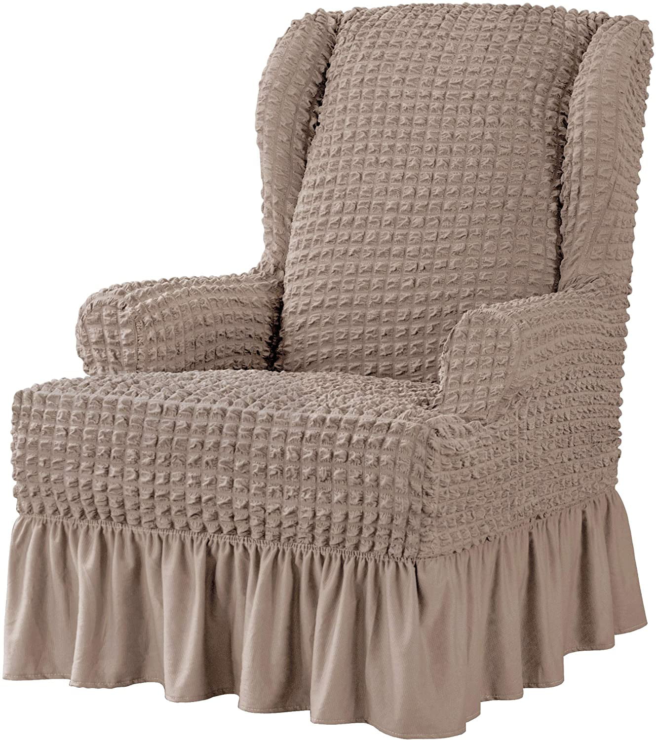 Subrtex Stretch 1 Piece Pleated Ruffled Skirt Wingback Chair Slipcover Oatmeal Walmart Com Walmart Com