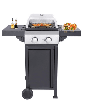 SDJPOI  2-Burner Propane Gas BBQ Grill，24,600 BTU Output Stainless Steel Grill with Wire Enamel Cooking Grids & Pizza Box, Foldable Side Table for Outdoor Backyard Barbecue