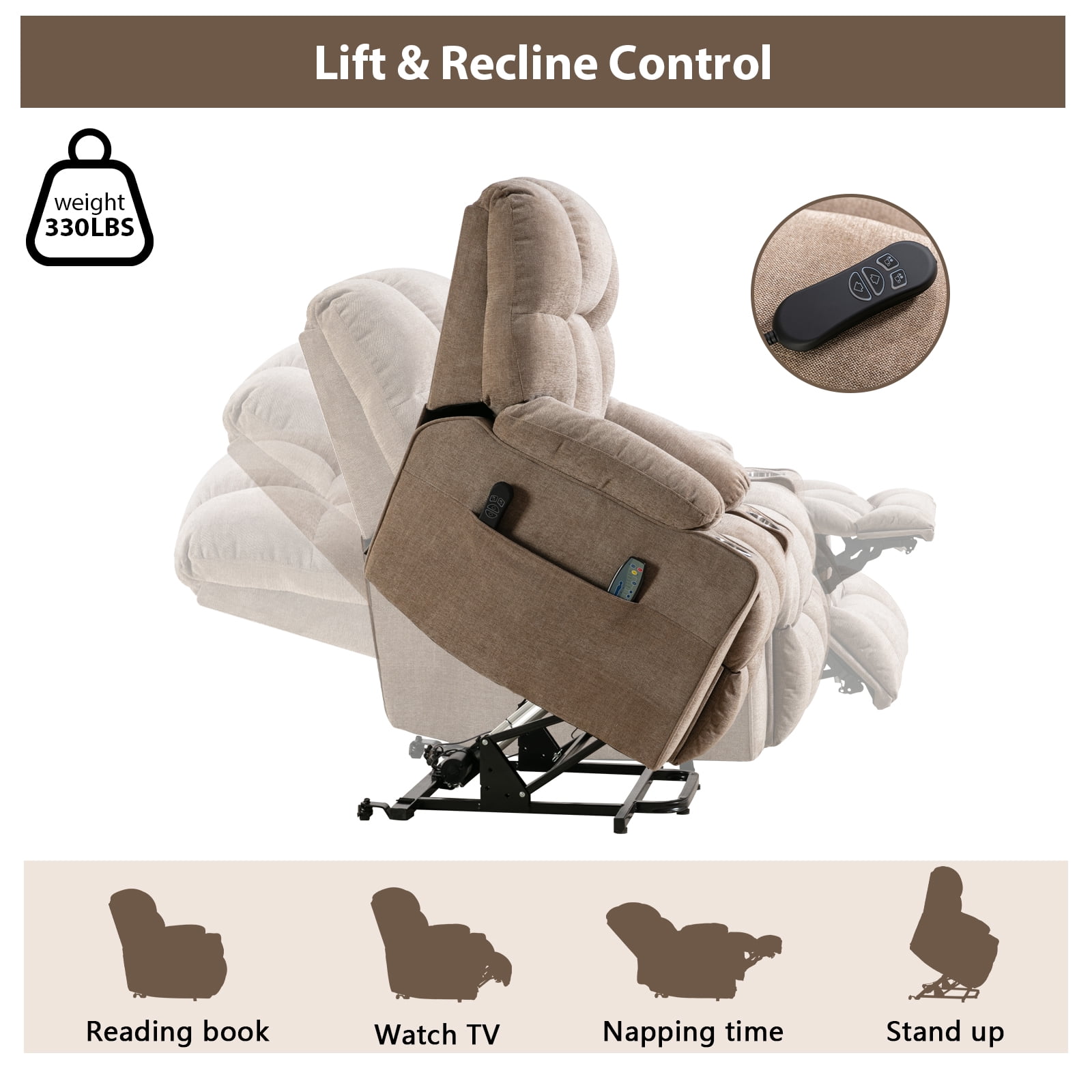 Bonzy Home Oversized Power Lift Recliner,Elderly Lift Chair with Heat Therapy and Massage Function,Remote Control,Side Pocket,Living Room Camel