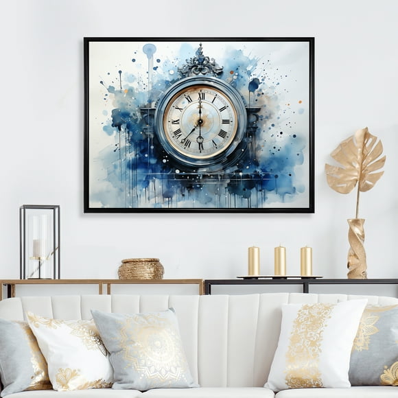 Designart Fashion framed wall Art, Modern Artistry in the Clock , Fashion Large framed wall art decor, Blue Glam black framed wall art, 40x30 inches black frame