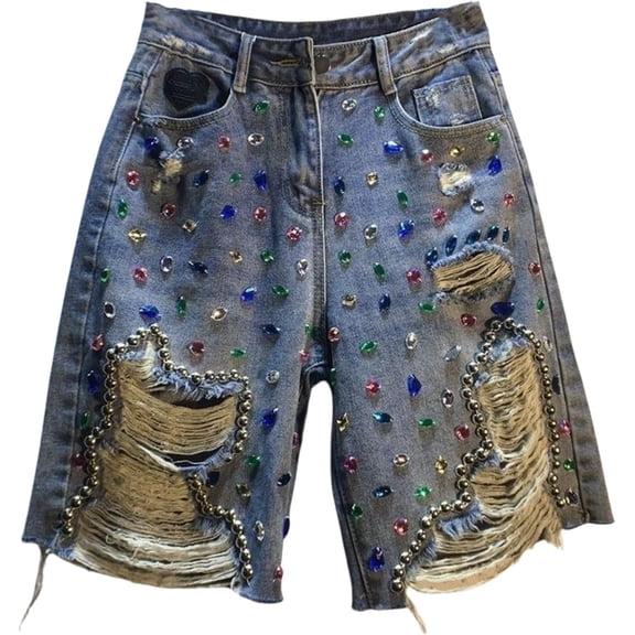 Womens Ripped Rhinestone Jean Shorts Distressed Frayed Fringe Tassel Fashion Jeans Shorts S-3XL