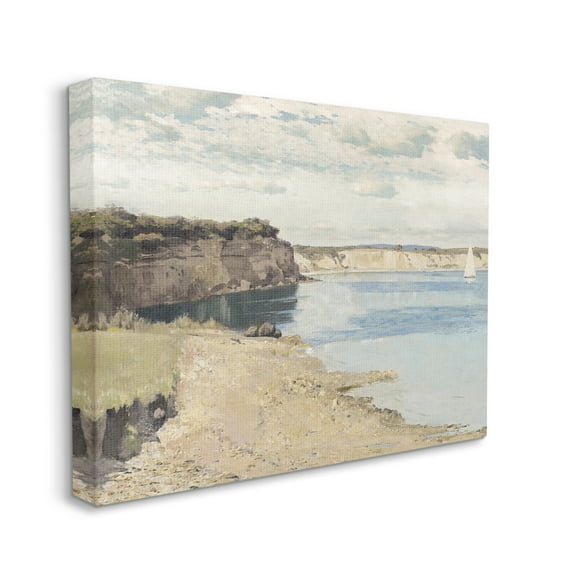 The Stupell Home Decor Collection Still Morning Oceanside Cliffs and a Sailboat Painting Stretched Canvas Wall Art, 16 x 1.5 x 20