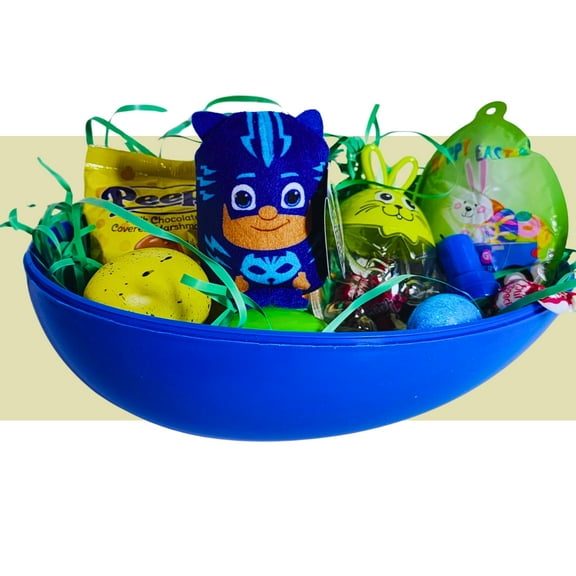 Happy Easter Basket Pre-Filled Surprise Jumbo Egg w/ PJ Mask Connor Catboy Plush Balloon Eggs Peeps Candies & Reusable Plastic Egg-Shaped Container Spring Party Favors (Contents May Vary)