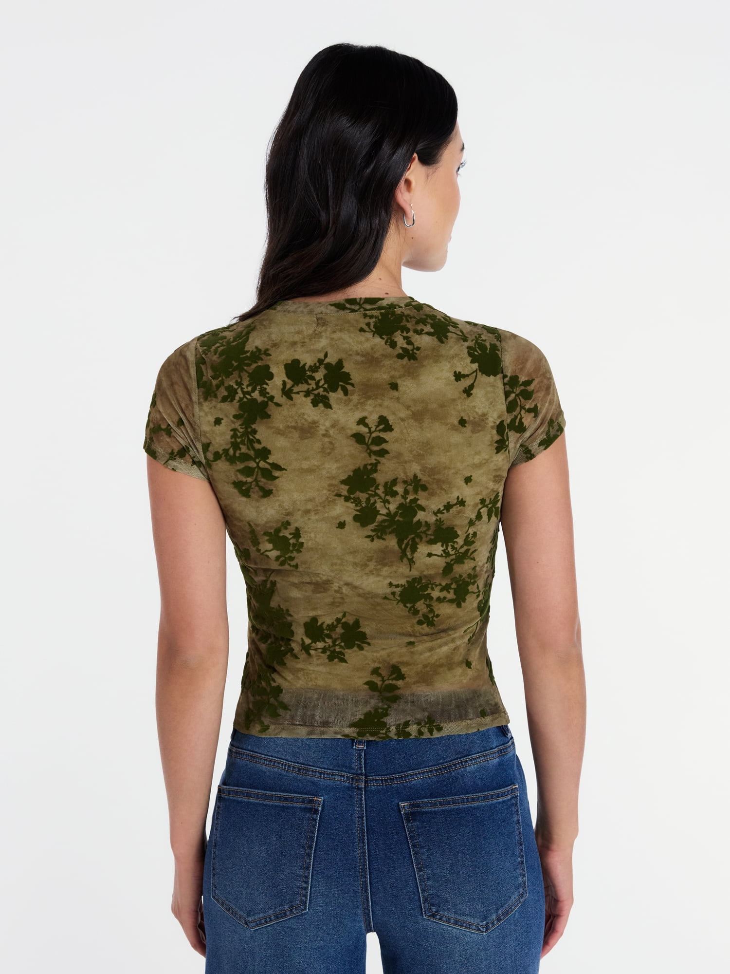 Madden NYC Women’s Flocked Floral Mesh Crewneck Tee with Short Sleeves, Sizes XXS-XXL
