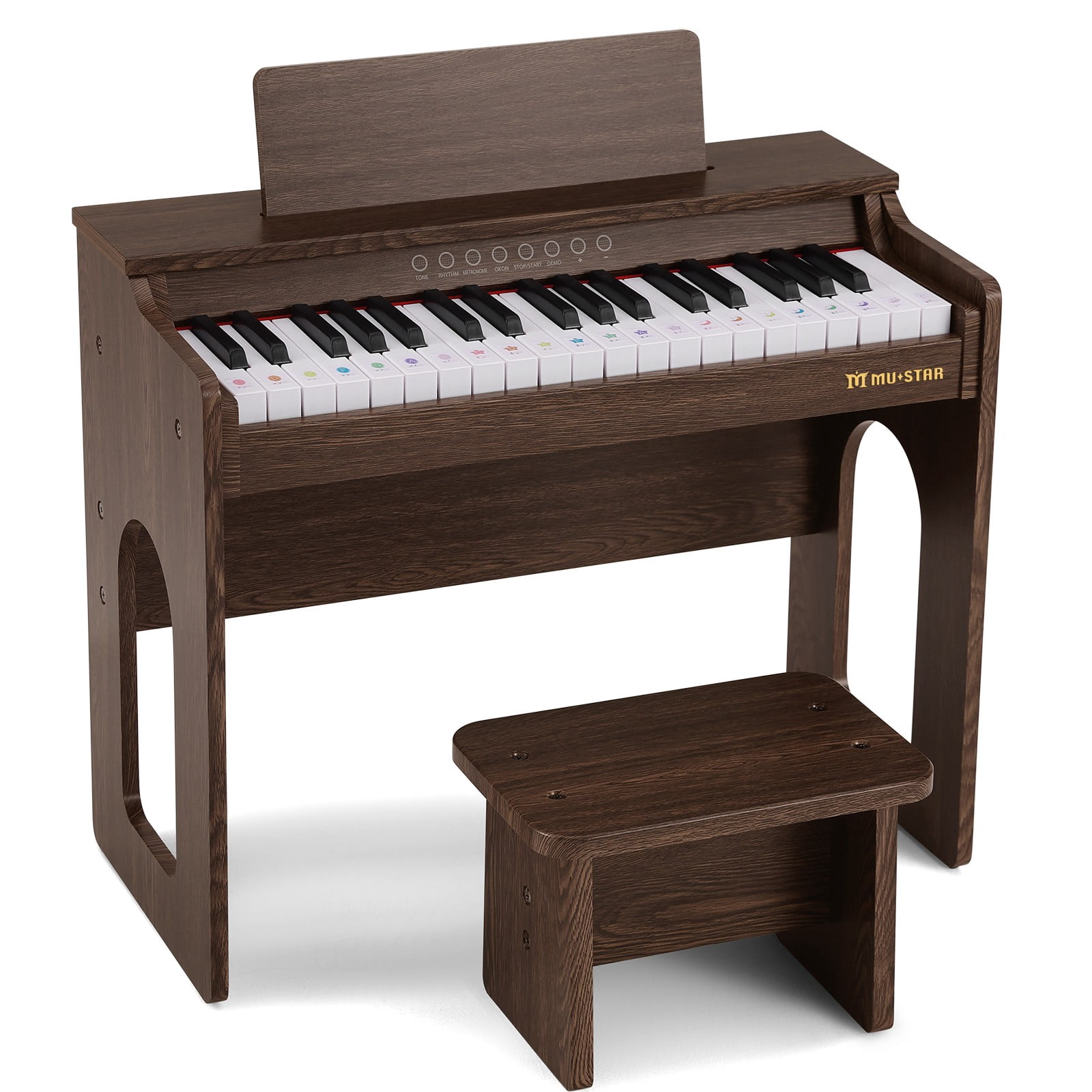 Mustar 37 Keys Kids Wooden Electronic Digital Piano Keyboard with Stool, Songbook, DIY Stickers (Brown)