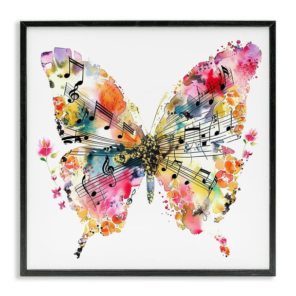 Stupell Industries Butterfly & Music Notes Insects Painting Black Framed Art Print Wall Art, 12 x 12