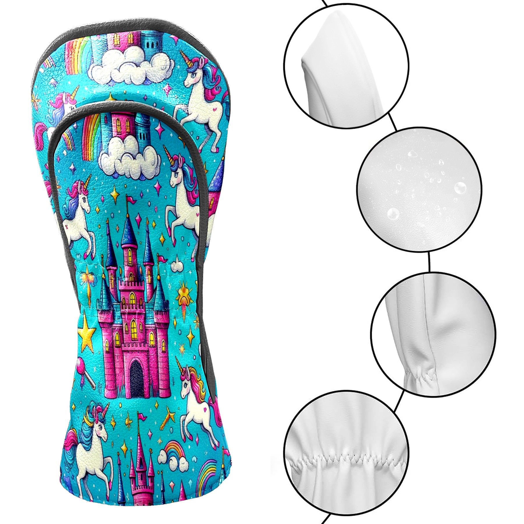Golf Club Head Covers Rainbow Unicorn Castle for Driver and Fairway Woods, Premium PU Leather, Waterproof, Velvet Lining, Unisex Golf Gift