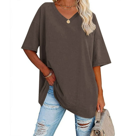 Fnooota Pluse Size Shirts for Women, Short Sleeve V Neck Loose Fit Summer Tops Brown Size L-2XL
