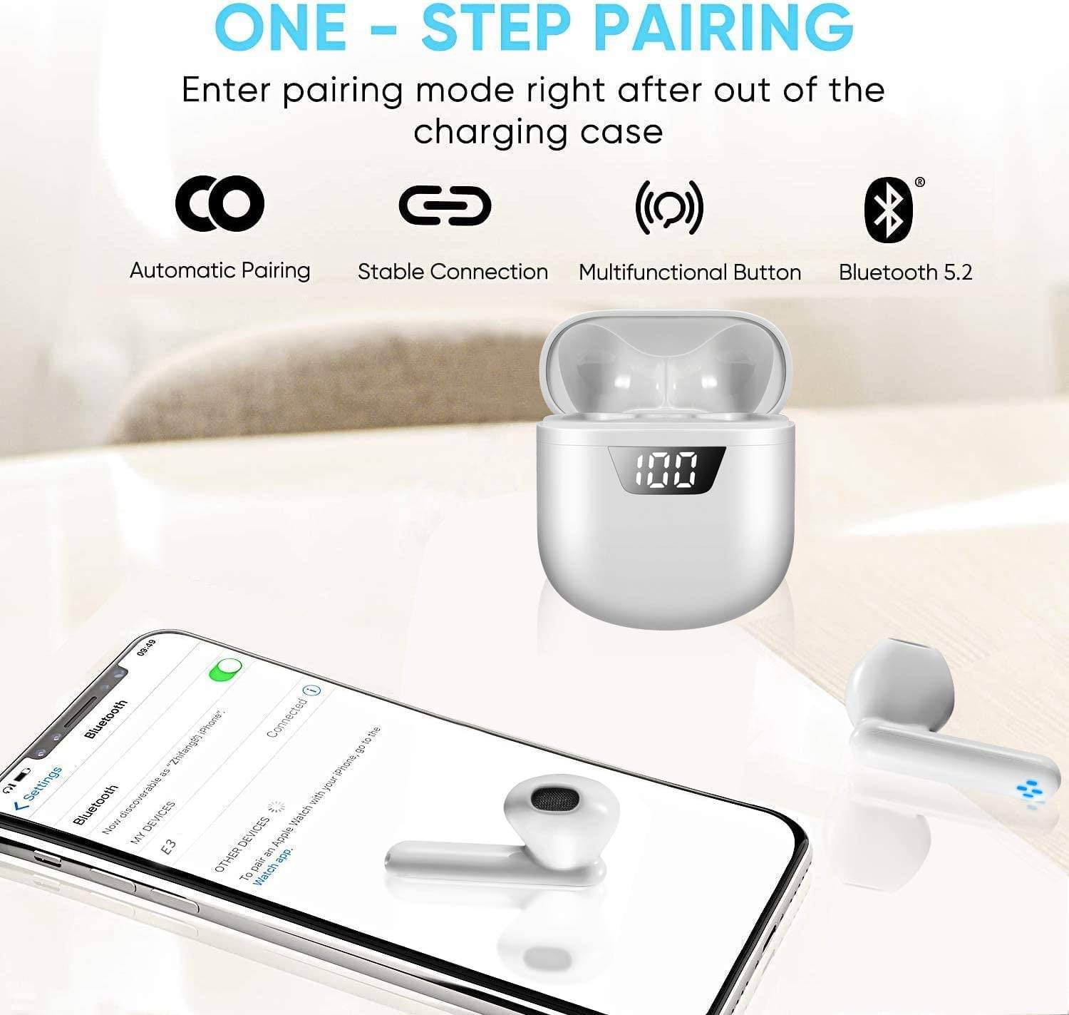Wireless Earbuds Bluetooth 5.2 Headphones IPX7 Waterproof Earbuds with 24Hrs Mini Charging Case, 3D Stereo Headsets in-Ear Built in Mic Headset for iPhone/Samsung/Android/Airpods,White