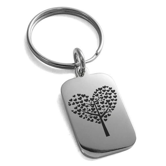 Stainless Steel Tree of Hearts Engraved Small Rectangle Dog Tag Charm Keychain Keyring