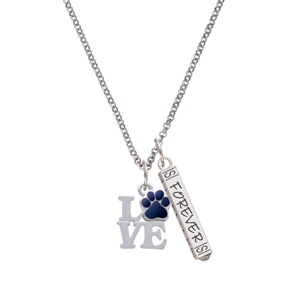 Delight Jewelry Silvertone Love with Navy Blue Paw Silvertone Forever Bar Charm Necklace, 23"
